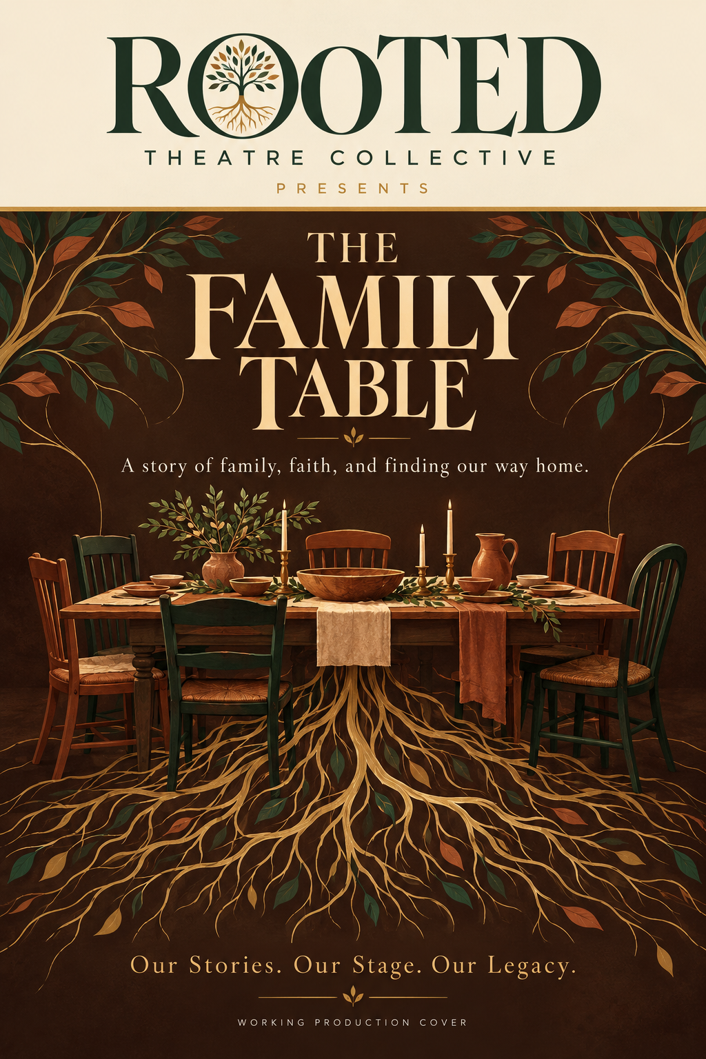 The Family Table working production artwork: a warm dining table with tree roots growing beneath it